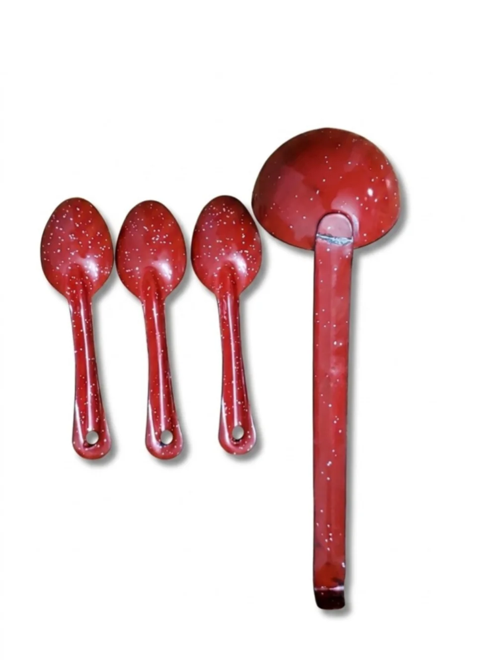 Vintage Red Enamelware Splatterware Enamel Spoon and Ladle Set - 4 Piece